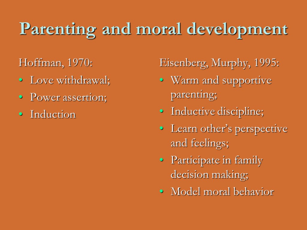Parenting and moral development Hoffman, 1970: Love withdrawal; Power assertion; Induction Eisenberg, Murphy, 1995:
